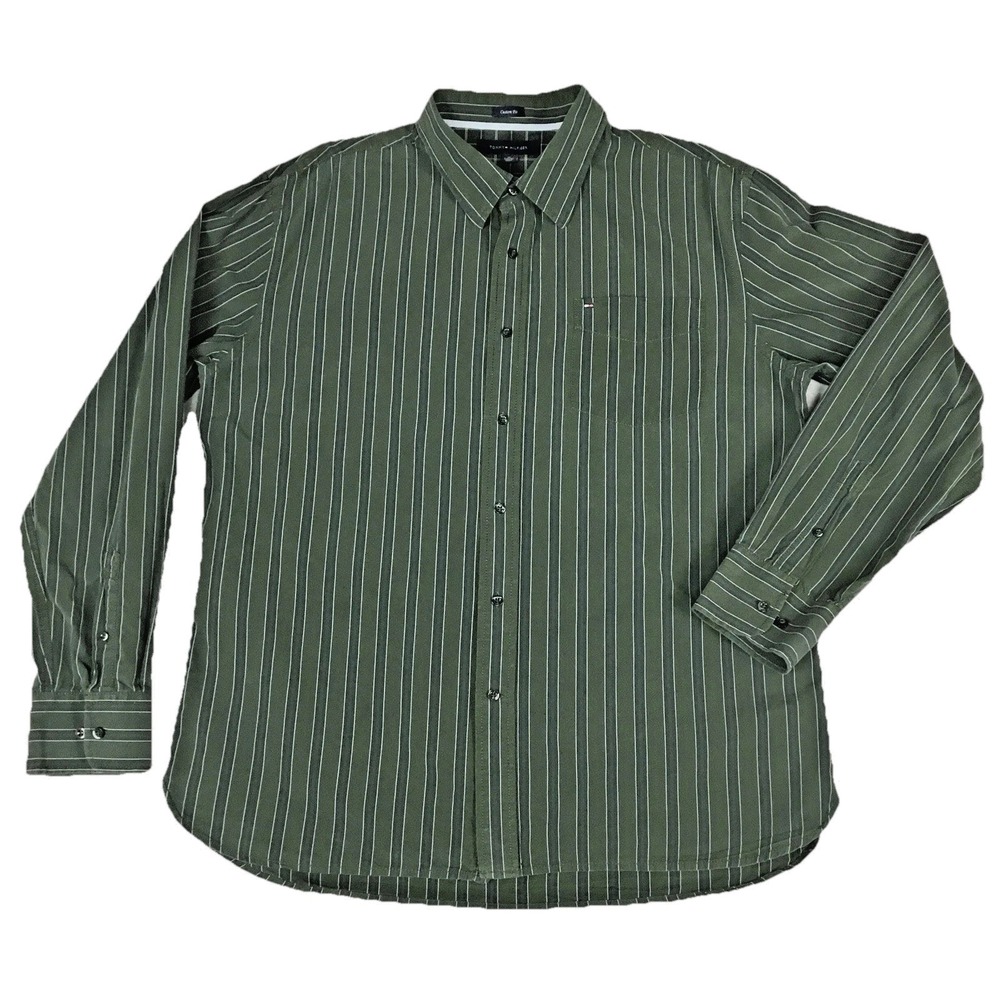Tommy Hilfiger Mens XL Custom Fit Long Sleeve Button Front Striped Shirt Green